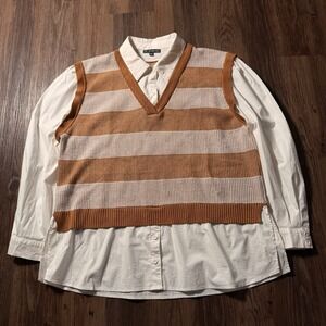 Adrianna Papell XL Layered‎ Look Shirt Vest Combo Knit Striped Pullover Top